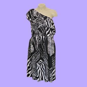 Shescool one shoulder stretch summer dress animal print slip over easy care